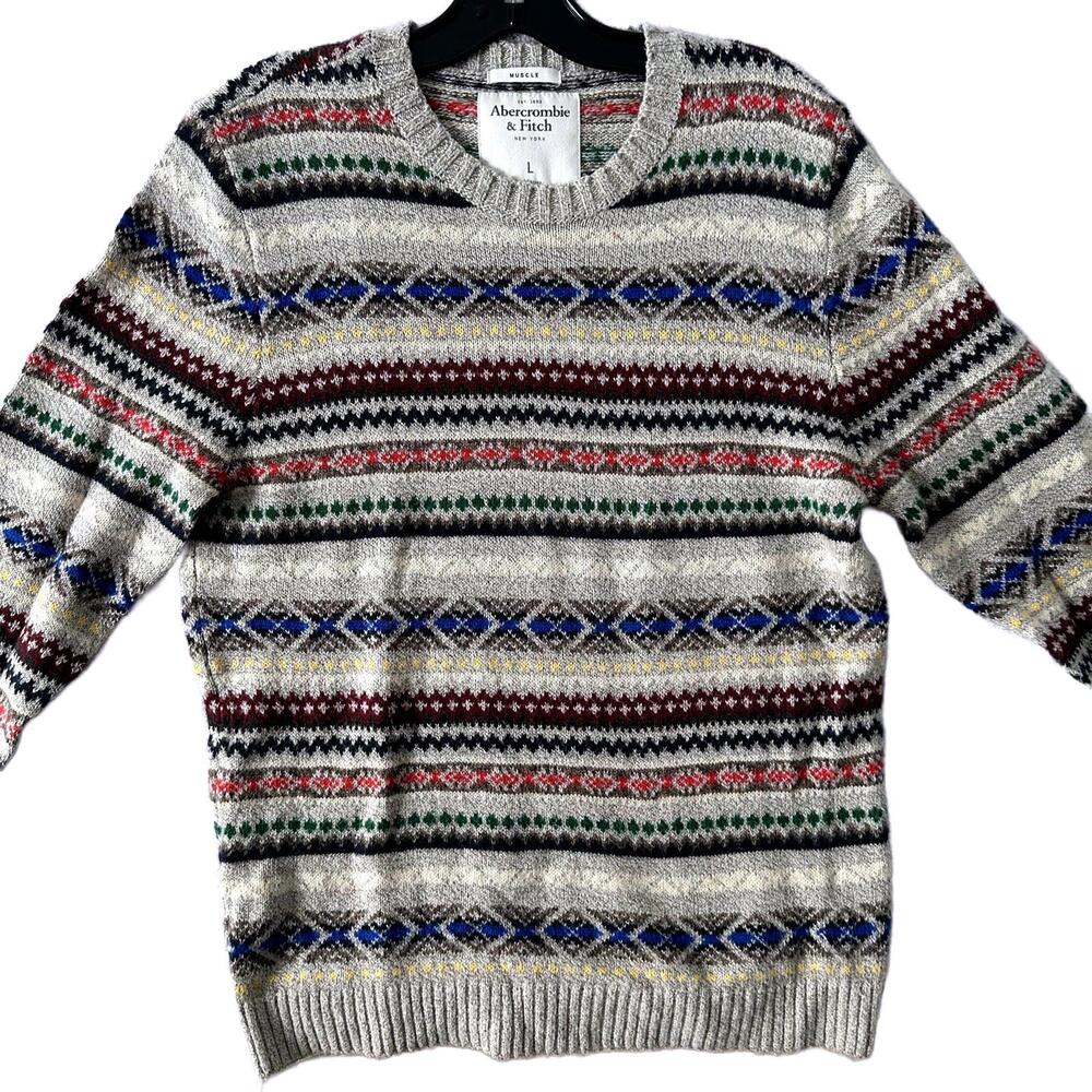 Abercrombie & Fitch Men's Cotton Blend Muscle Fit Fair Isle Patterned Sweater- L